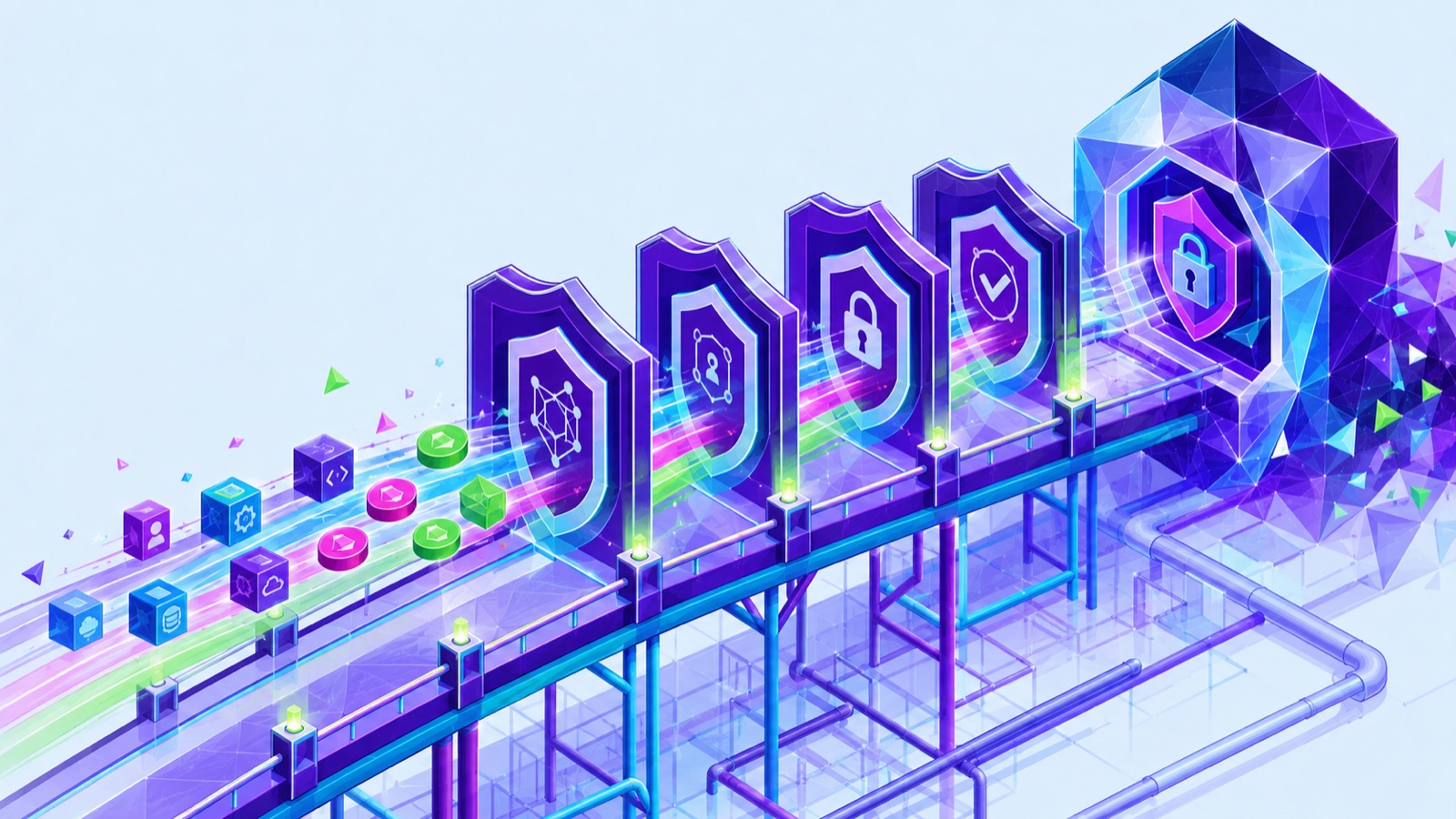 Isometric illustration of database and cloud components travelling a pipeline through successive security gates into a locked vault.