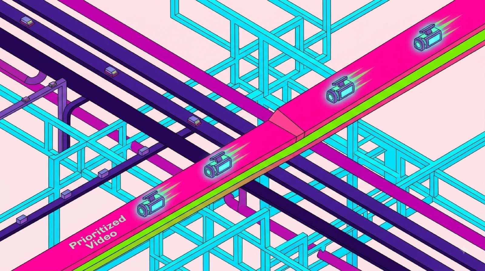Isometric illustration of a highlighted network lane labelled Prioritized Video carrying dashcam footage across a grid of slower routes.