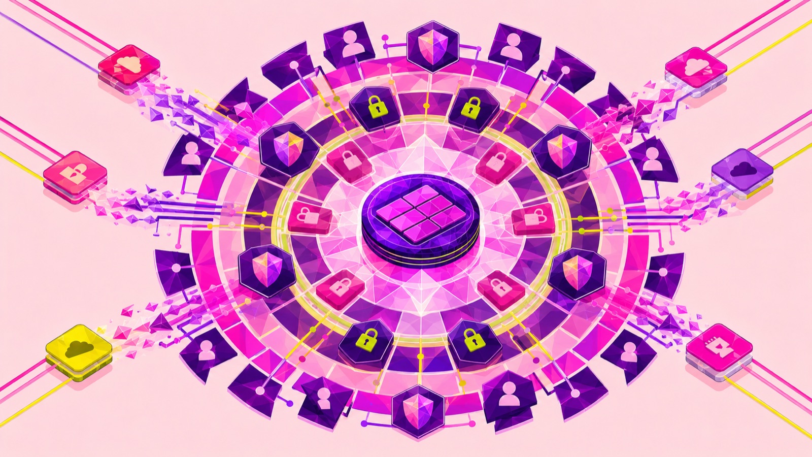 Isometric illustration of concentric rings of lock, shield and user modules layered around a central platform.