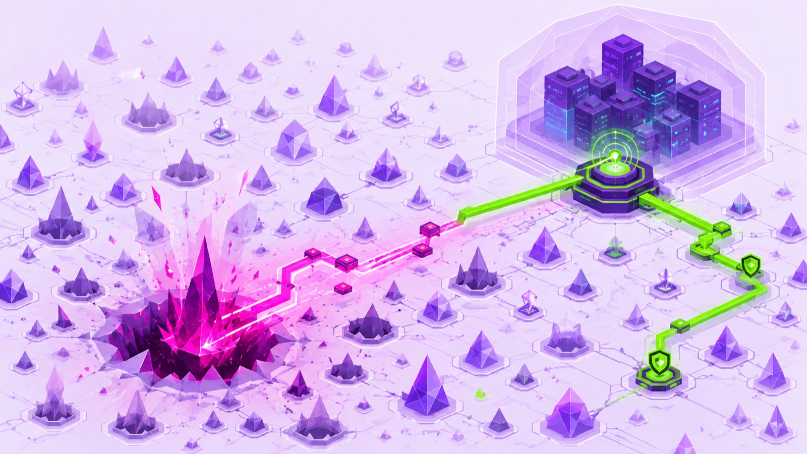 Isometric illustration of a breach erupting across open terrain while a guarded route leads to a shielded city.