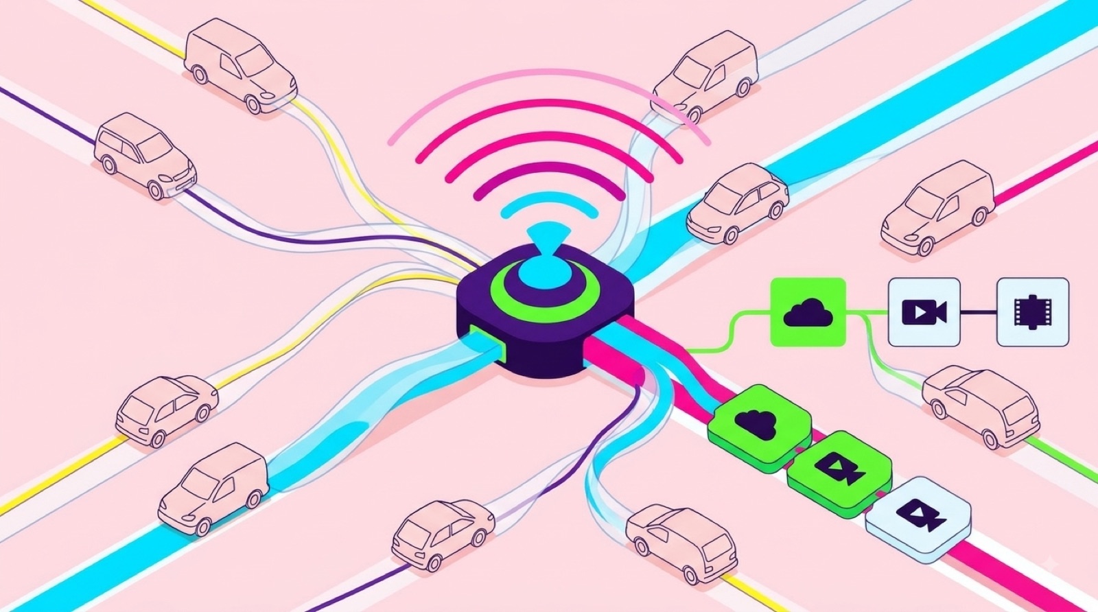 Isometric illustration of vehicles on connected roads linked to a central hub that routes video to cloud, camera and chip services.