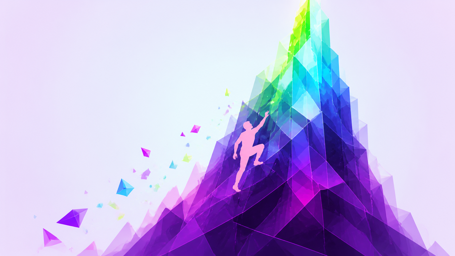 A figure climbs a faceted purple mountain toward a bright green and cyan summit, with shards of colour breaking away behind them.