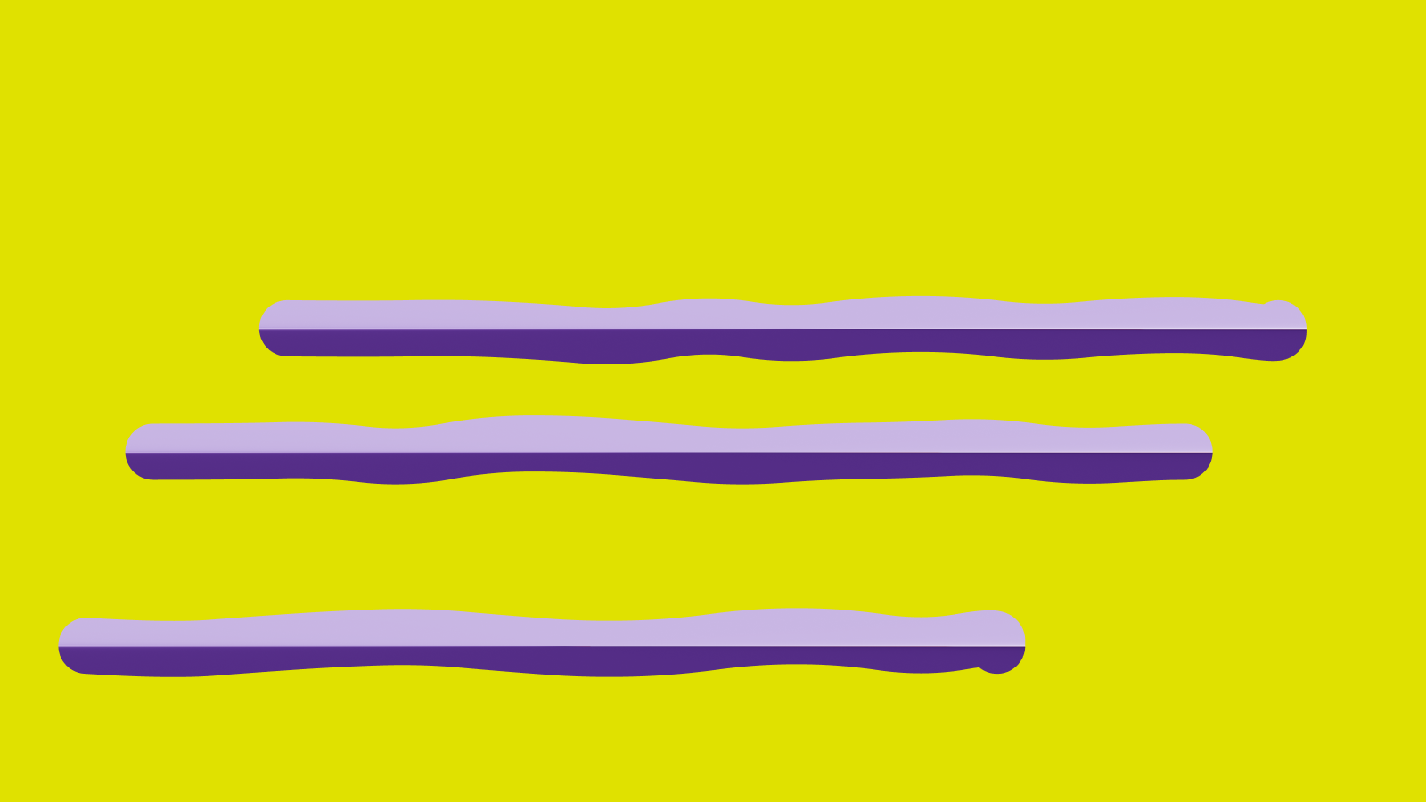 Three staggered wavy bars in lilac and deep purple on a lemon field
