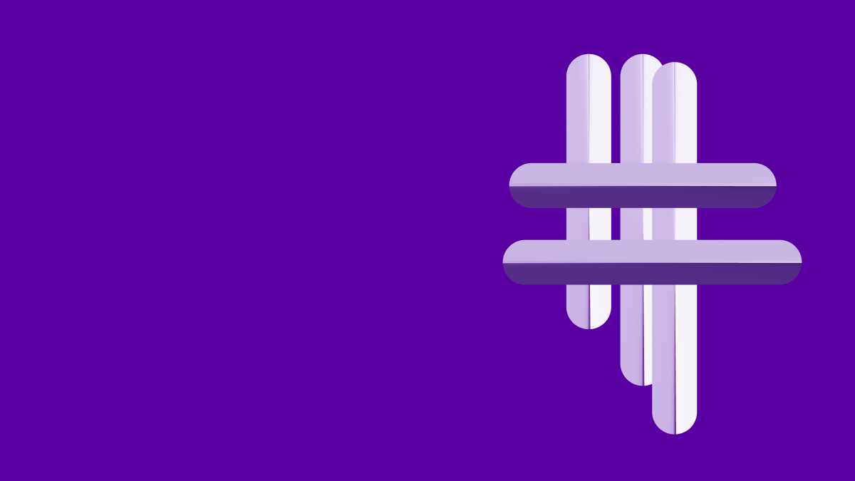 Concentric chrome rings above a horizontal bar, on a royal purple field