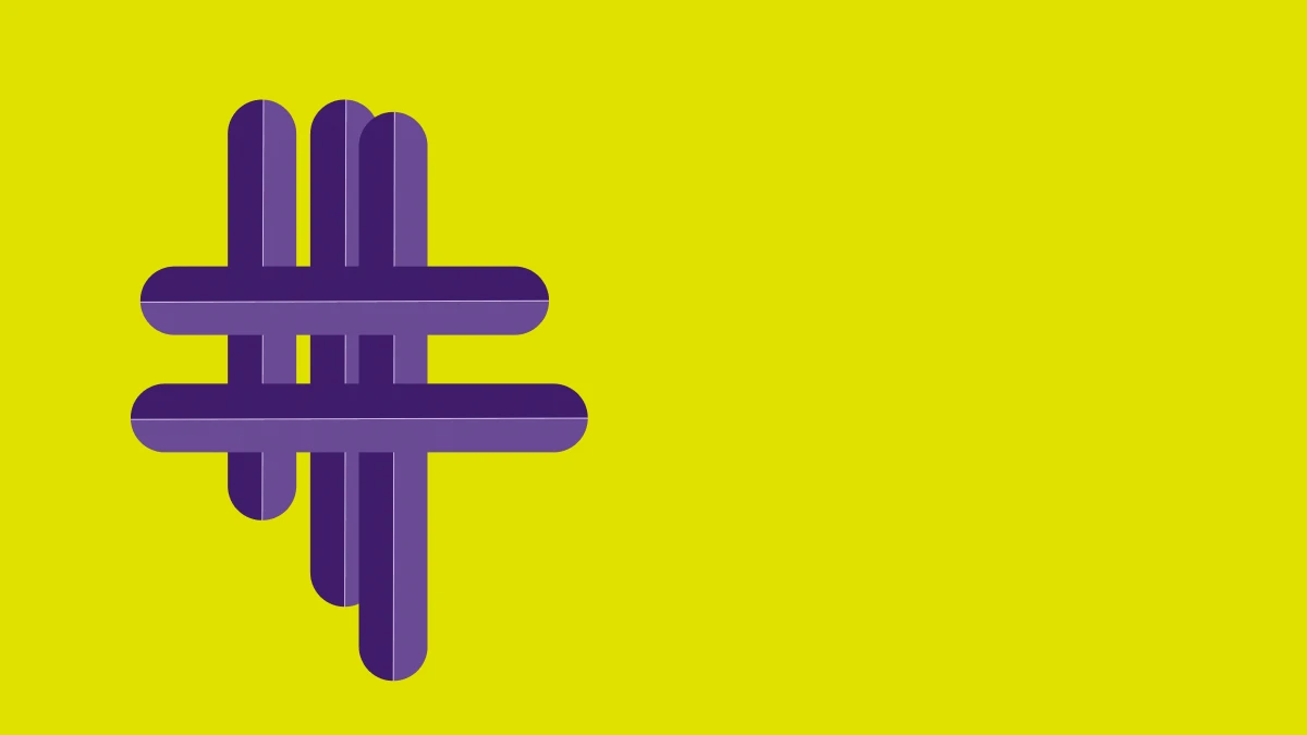 Purple chrome bars woven into a grid, on a lemon field