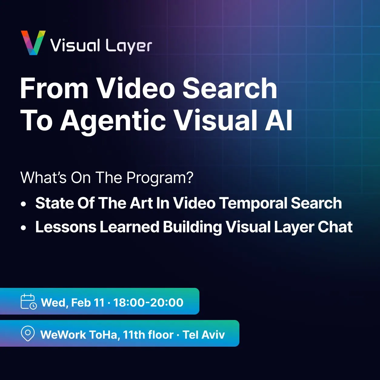Event flyer for From Video Search to Agentic Visual AI, February 11, WeWork ToHa, Tel Aviv