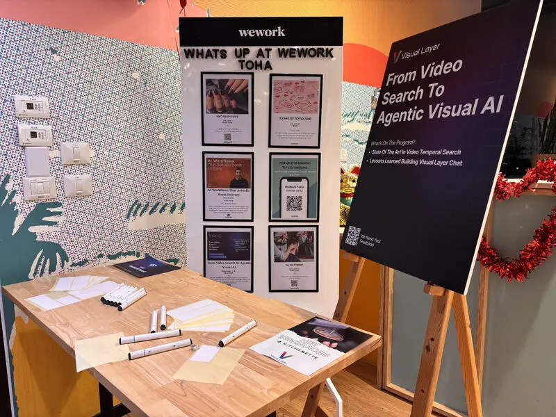 Meetup poster on an easel beside the WeWork ToHa events board