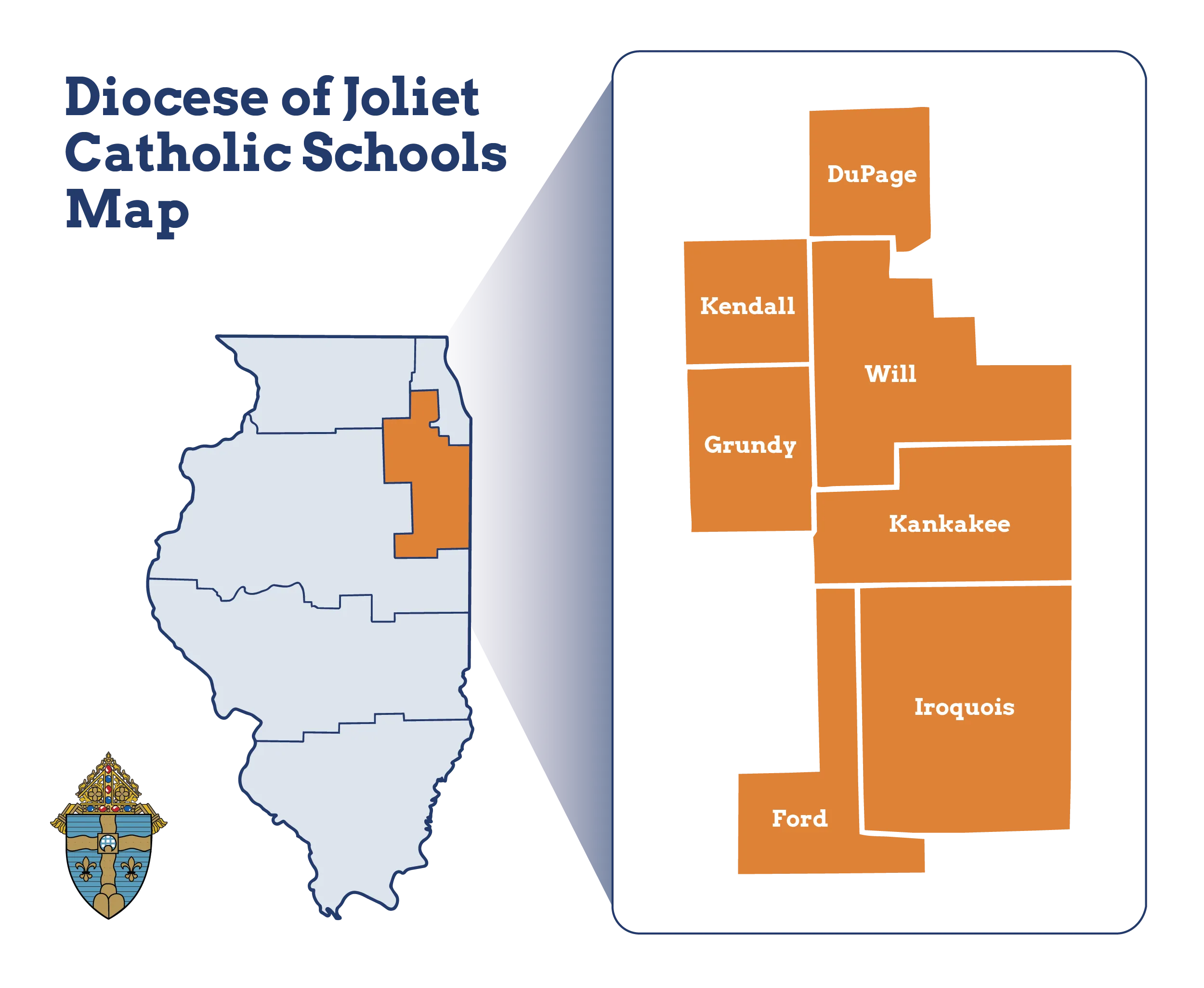 Map of Catholic schools across the Diocese of Joliet