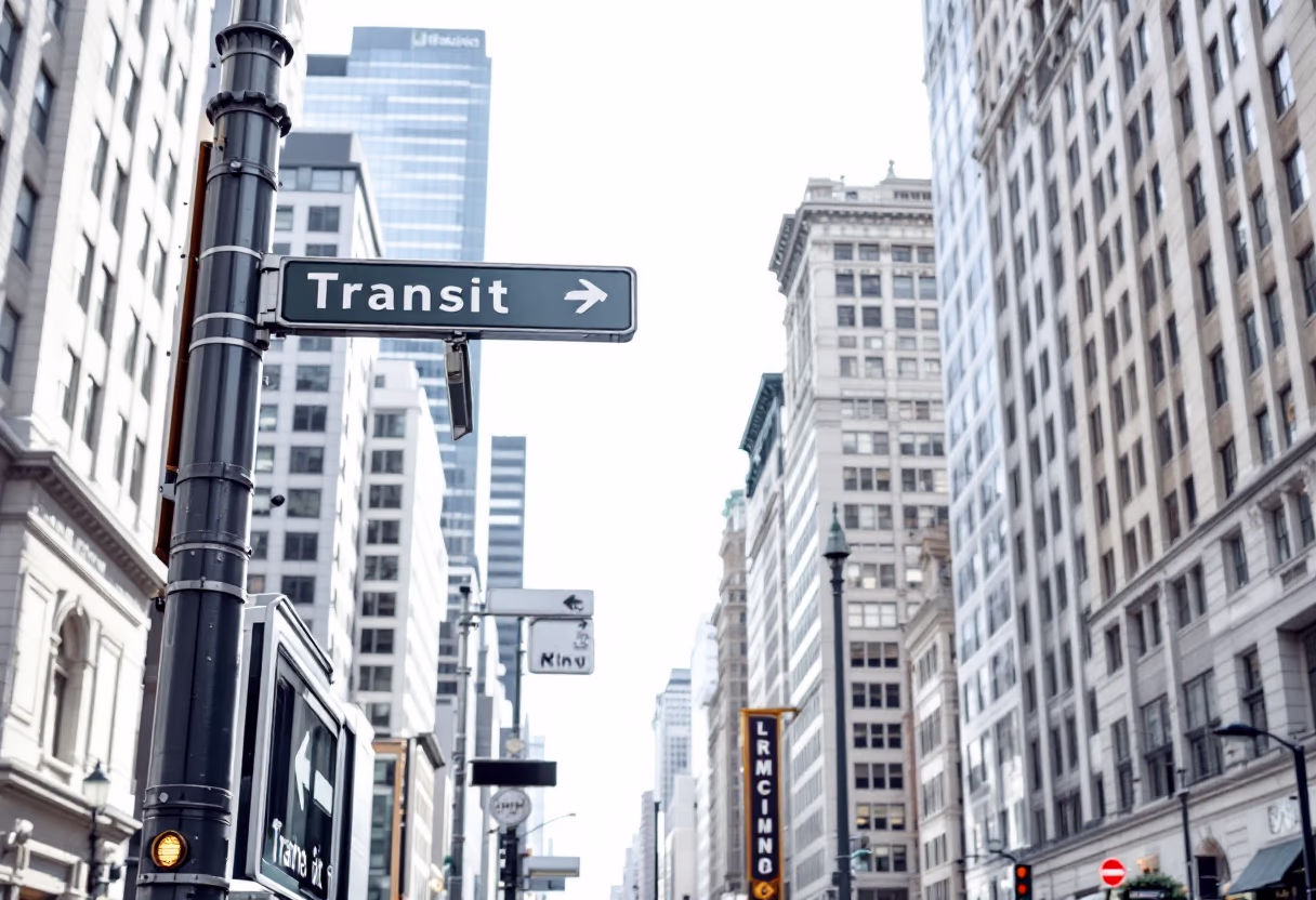 [background image] image of downtown area with transit signage for a public transportation company