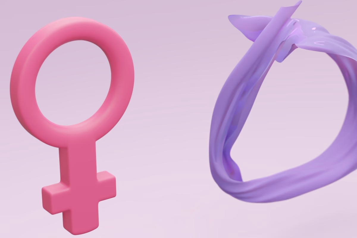 Colorful 3D illustration of a pink female symbol with abstract shapes on a pastel background.