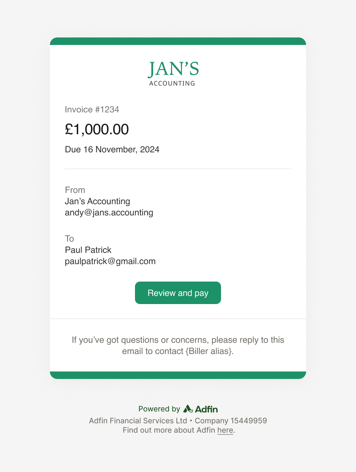Invoice from Jan's Accounting for £1,000, due on November 16, 2024, sent to Paul Patrick with a 'Review and pay' button.
