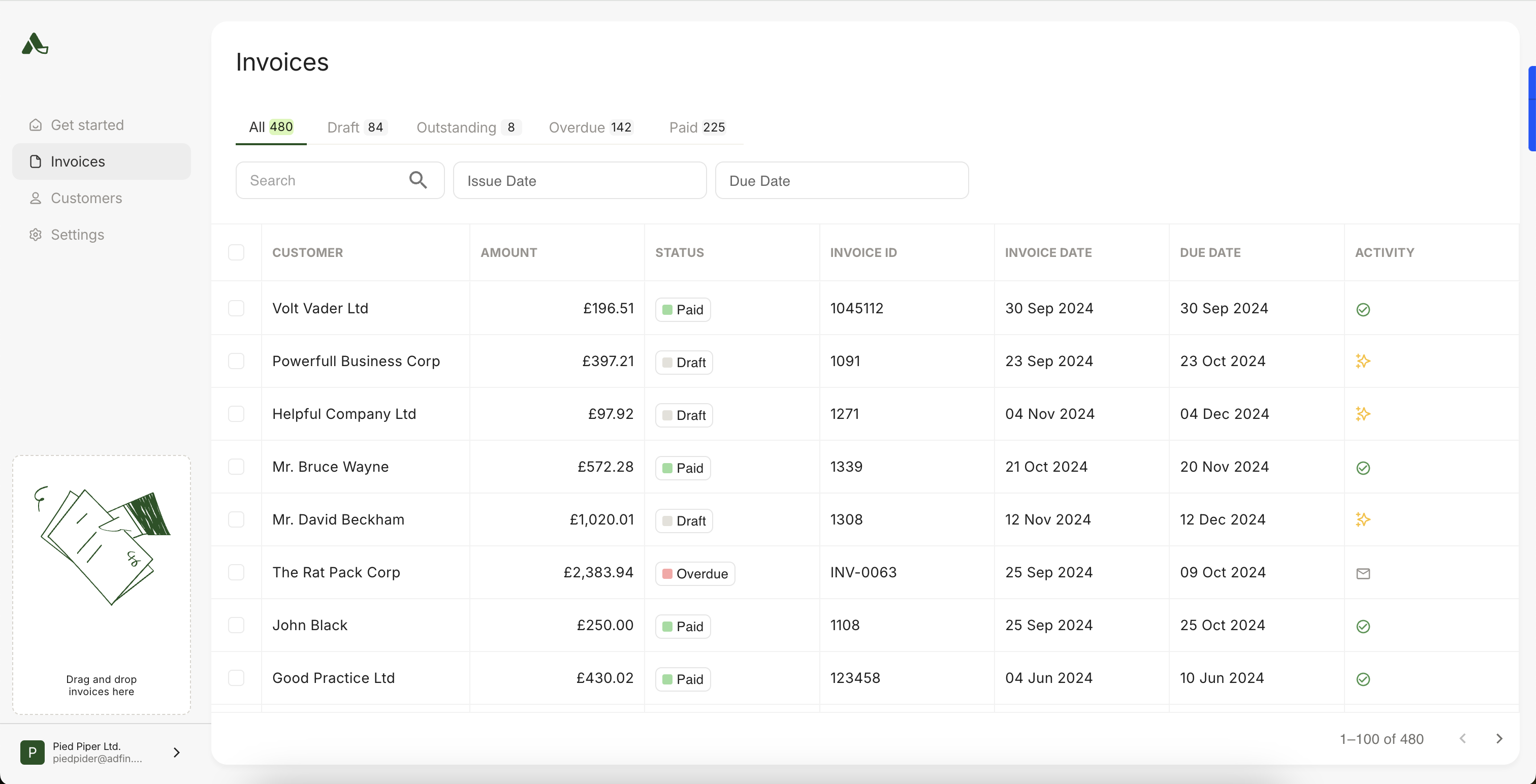 Invoice management dashboard showing customer names, amounts, statuses, and due dates.
