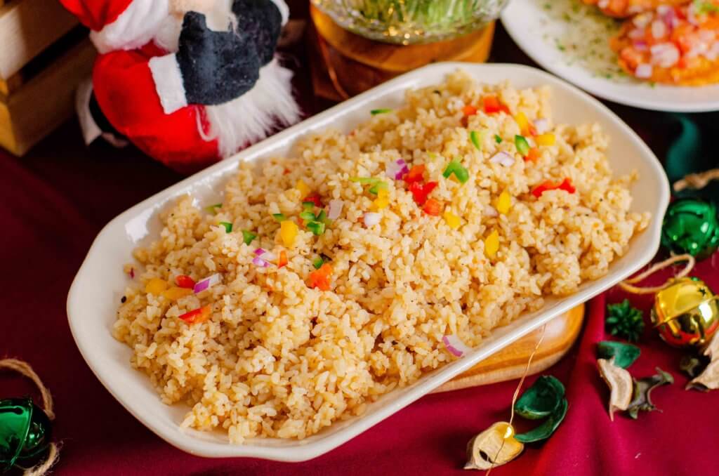 Fried rice with diced capsicum on a serving platter, iDoCatering Christmas 2021 catering menu