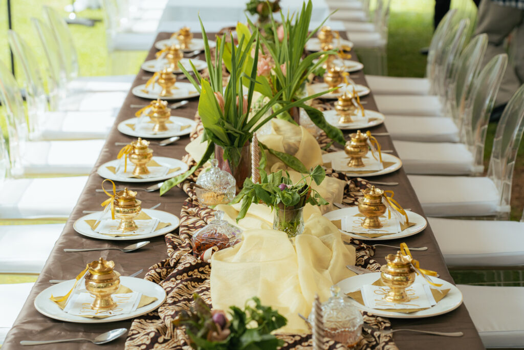 Malay Wedding with Gold Table Setting, Reception Gift and Premium Leaf Decoration