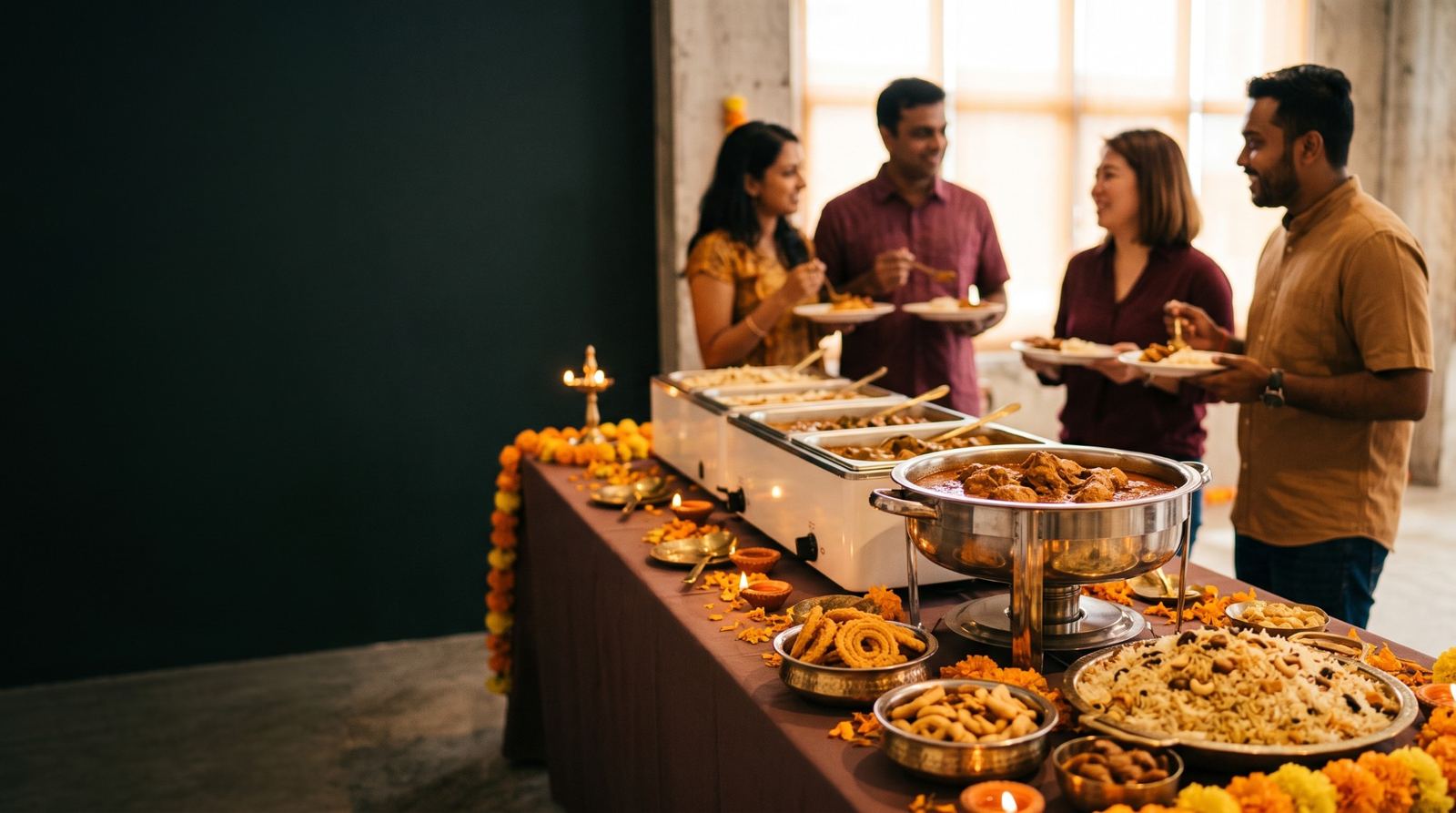 Colleagues eating beside an iDoCatering Deepavali buffet with marigolds, oil lamps, chicken curry, murukku and nut rice