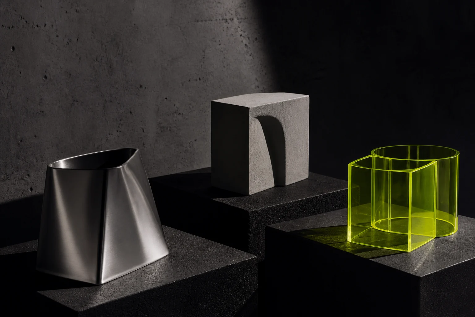 Limited objects on black industrial plinths under hard directional light