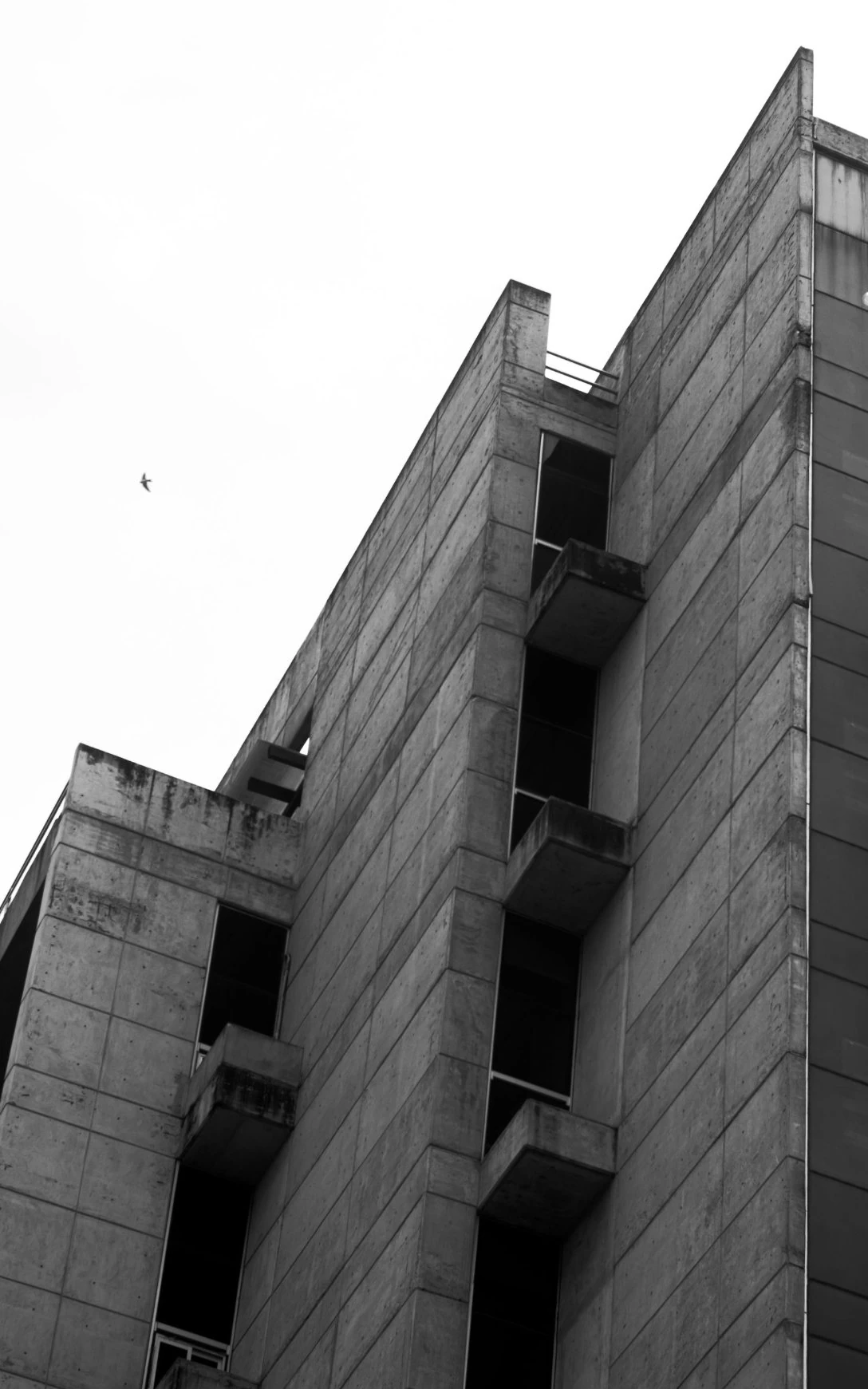 Black and white photo of a tall concrete building with small balconies and a bird in the sky.