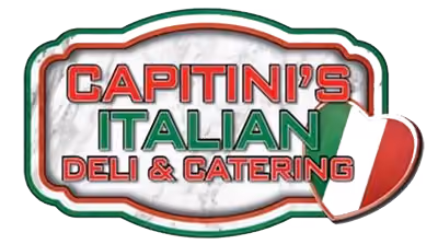 Sign for Capitini's Italian Deli & Catering with Italian flag colors and heart shape.