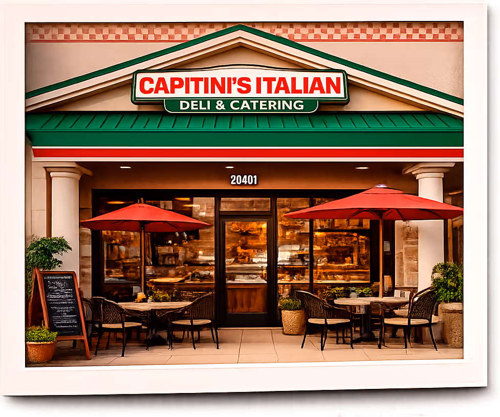 Outdoor seating with red umbrellas and tables outside Capitini's Italian Deli & Catering storefront.