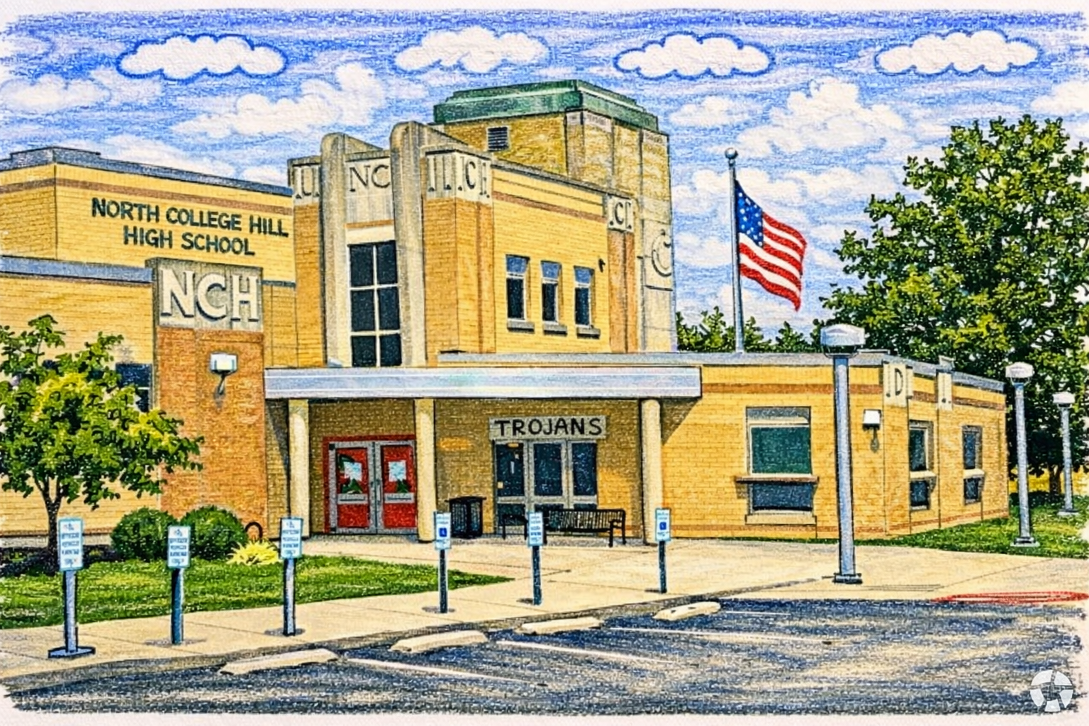 Illustration of a neighborhood school