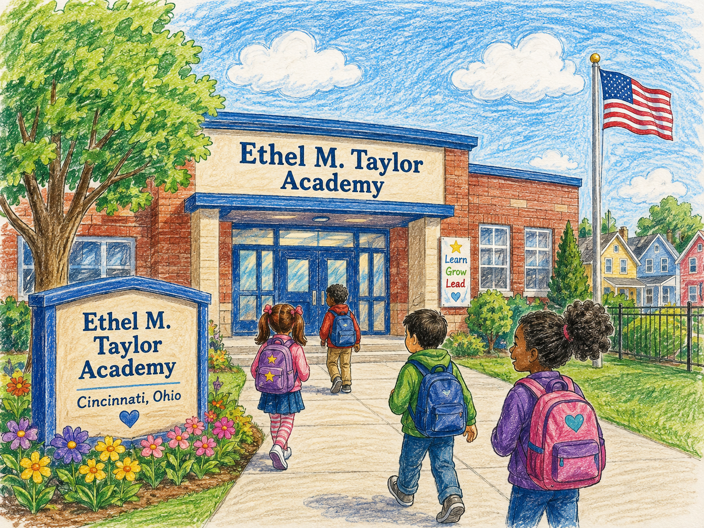 Illustration of a neighborhood school