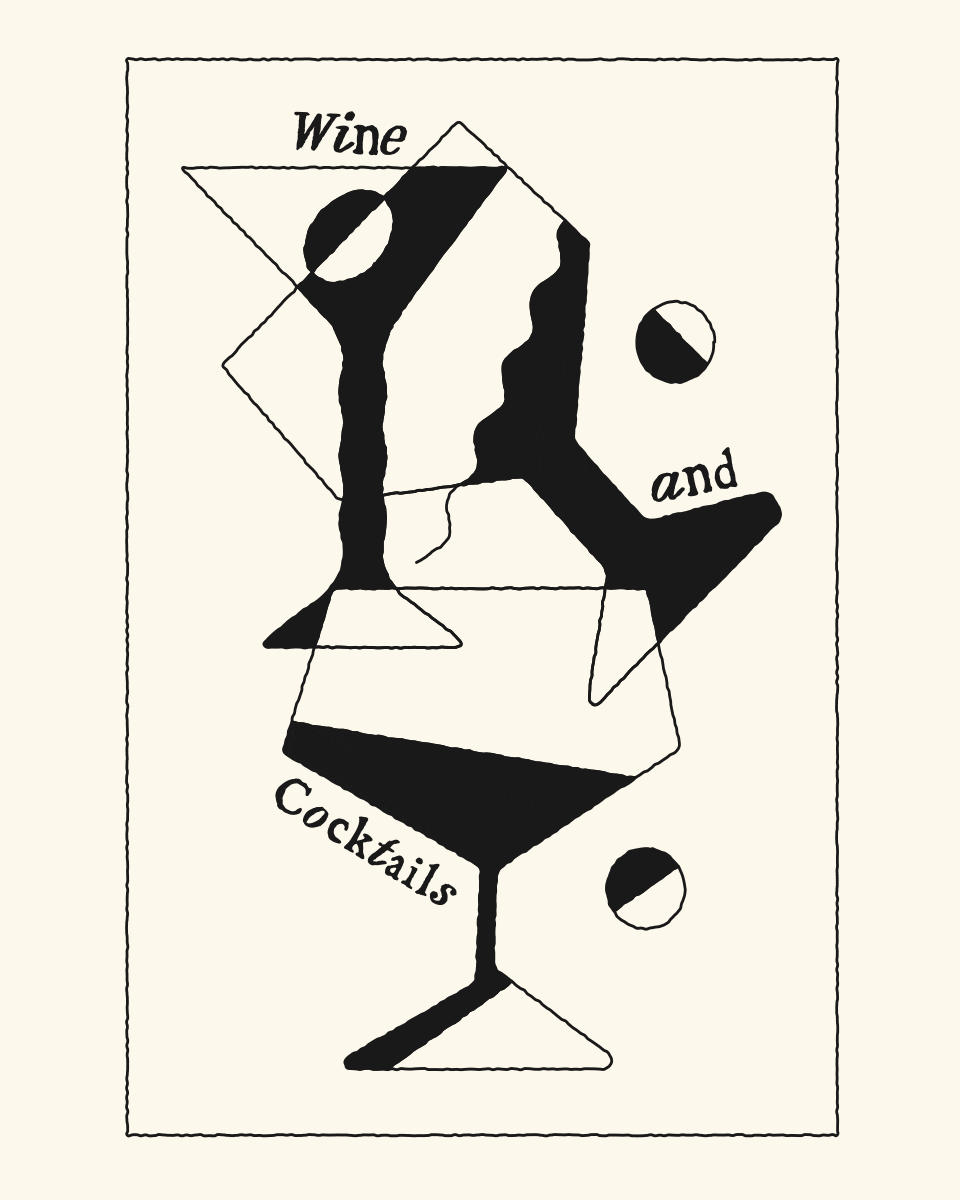 Wine and Cocktails, a line illustration of a coupe and martini glass