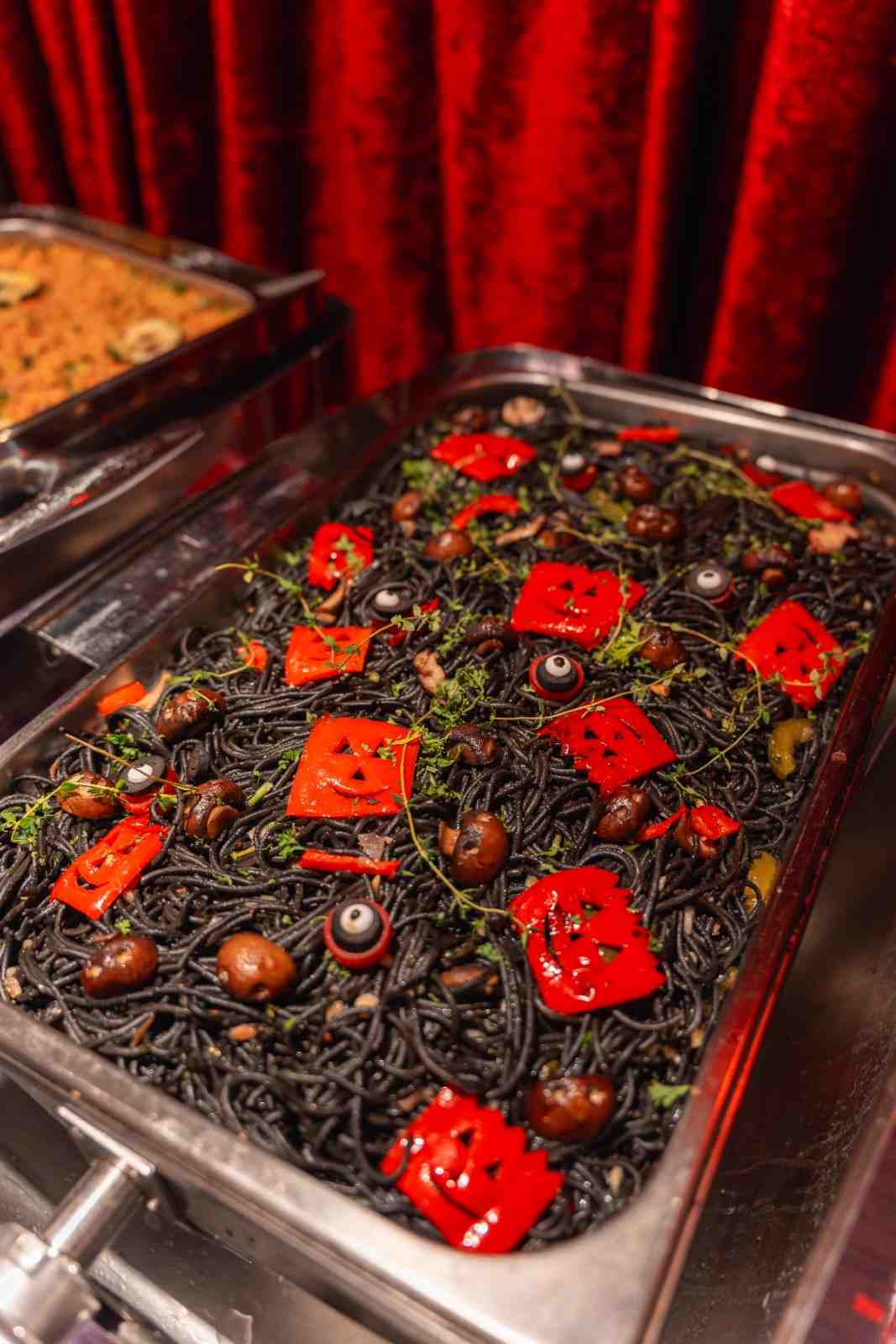 Themed Halloween platters on a buffet line