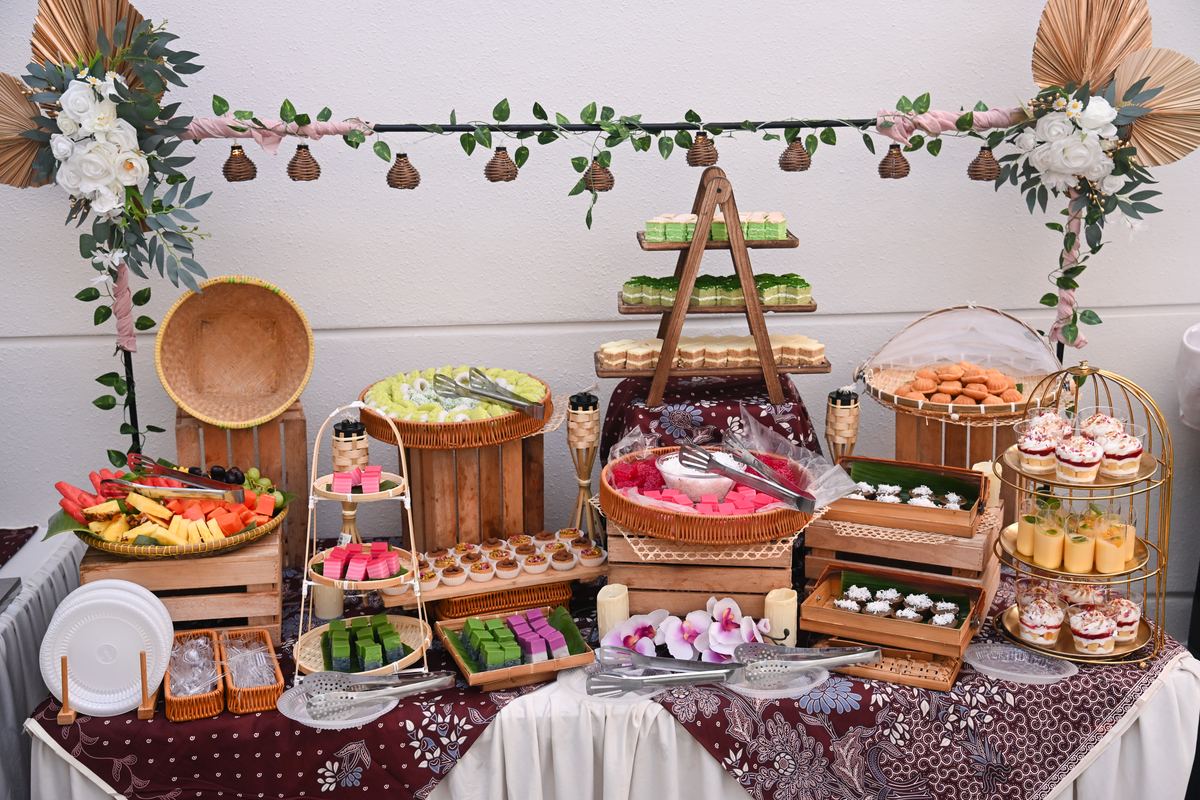 iDoCatering mini buffet dessert table with Nyonya kuih, cakes and fruit platter — small event catering KL