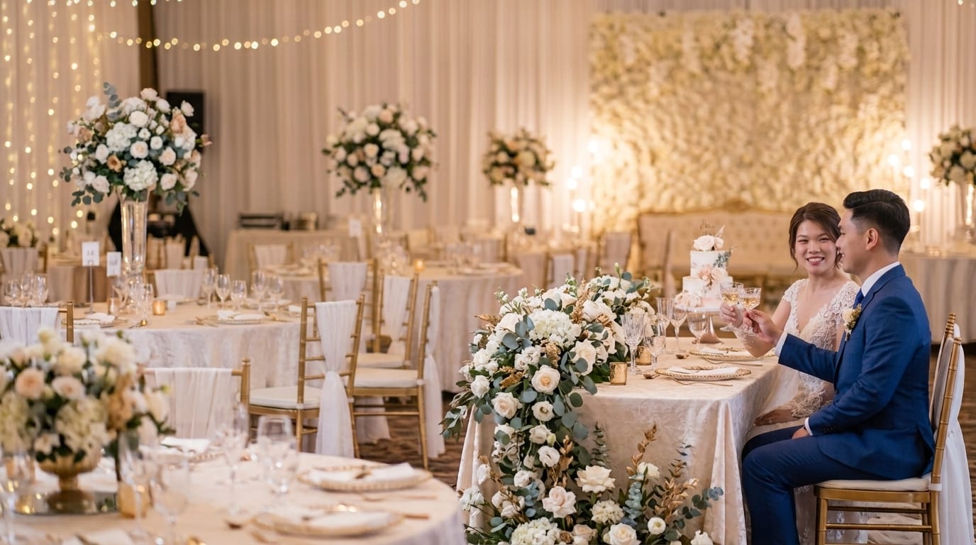 Bride and groom toasting at their sweetheart table in a white-and-gold wedding ballroom — iDoCatering