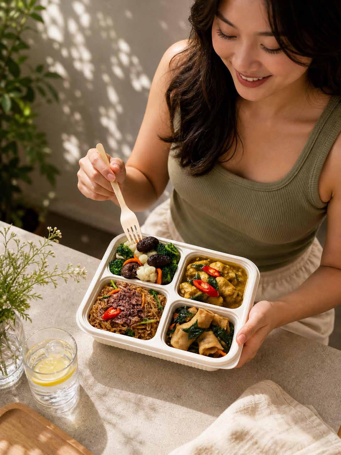 Woman enjoying an iDoCatering bento box lunch with wooden fork — corporate bento catering KL