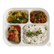 Vegetarian bento box with ghee rice, aloo gobi, chana masala and samosa — iDoCatering corporate bento