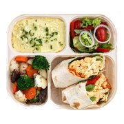 Vegetarian bento box with herb butter mashed potato, roasted vegetables and egg burrito — iDoCatering