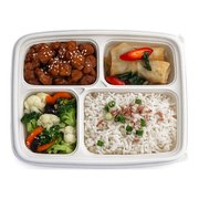 Honey sesame chicken bento box with white rice, mixed veggie and spring roll — iDoCatering corporate bento