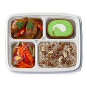 Ayam rendang bento box with nasi briyani topped cashews and acar jelatah — iDoCatering corporate bento
