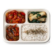 Ayam masak merah bento box with white rice, acar rampai and spring roll — iDoCatering corporate bento