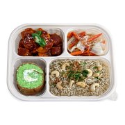 Vegetarian bento box with nasi briyani, sambal tofu tempeh and stir fry cabbage — iDoCatering corporate bento
