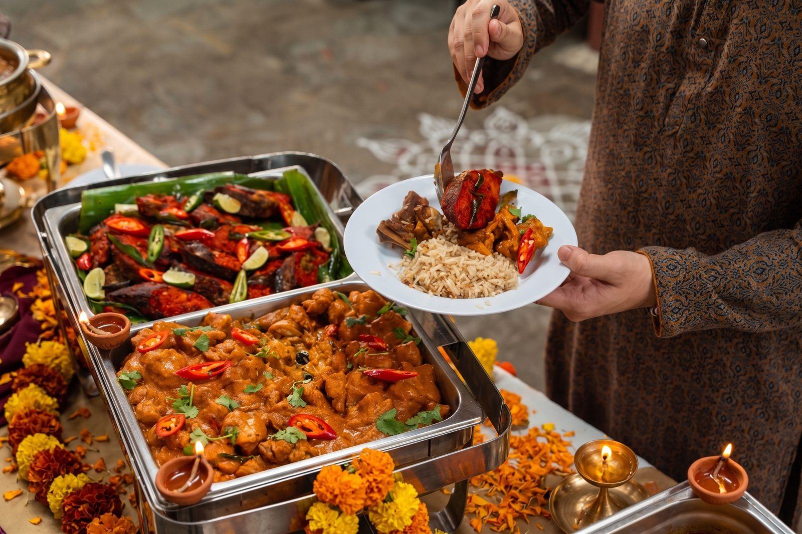Butter chicken and masala fried fish in chafing dishes on a Deepavali table with marigold garlands and lit oil lamps