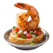 Grilled shrimp on tomato salsa bruschetta, served on a small plate — iDoCatering canapé