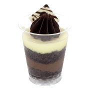 Layered chocolate and cream dessert cup topped with a chocolate swirl — iDoCatering canapé