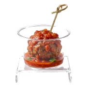 Napolitan chicken meatballs in tomato sauce served in a glass with a skewer — iDoCatering canapé