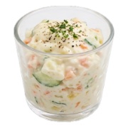Japanese potato salad with cucumber and carrot served in a glass cup — iDoCatering