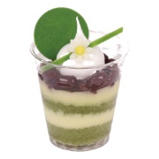 Layered green tea and adzuki bean dessert cup with cream and a matcha disc — iDoCatering