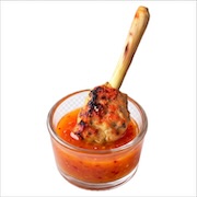 Chicken pattie on a lemongrass skewer in Thai chilli dip — iDoCatering canapé