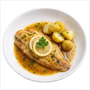 Pan-fried fish fillet in butter sauce with lemon and baby potatoes — iDoCatering buffet
