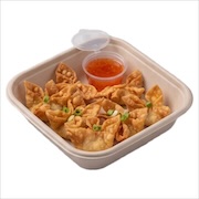 Golden fried wontons with spring onion and a cup of sweet chilli sauce in a fibre box — iDoCatering buffet