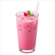 Iced sirap bandung, a pink rose milk drink garnished with mint and a rose petal — iDoCatering buffet