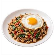 Pad krapow, minced chicken stir-fried with holy basil and chilli, topped with a fried egg — iDoCatering buffet