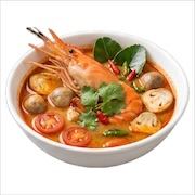 Tomyam goong, hot and sour prawn soup with straw mushrooms, tomato and kaffir lime leaf — iDoCatering buffet
