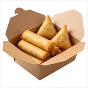 Golden spring rolls and samosas served together in an open kraft box — iDoCatering buffet