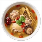 Chicken herbal soup with goji berries, red dates, ginseng root and shiitake in a clear broth — iDoCatering buffet